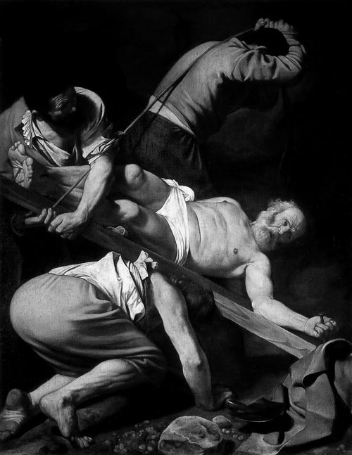 カラヴァッジョ『聖ペテロの磔刑』モノクロ-明度のコントラストと絵画